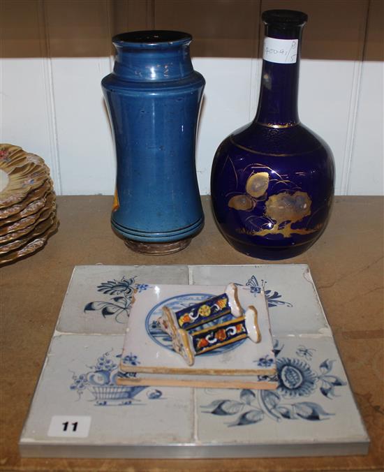 Spanish pottery drug jar, gilt & blue vase, 5 Dutch blue & white tiles etc